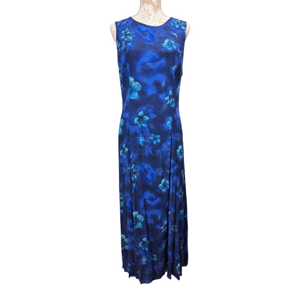 Vintage 90s Dawn Joy Size 11/12 Cottage Dark Blue Floral Cut Out Back Maxi Dress